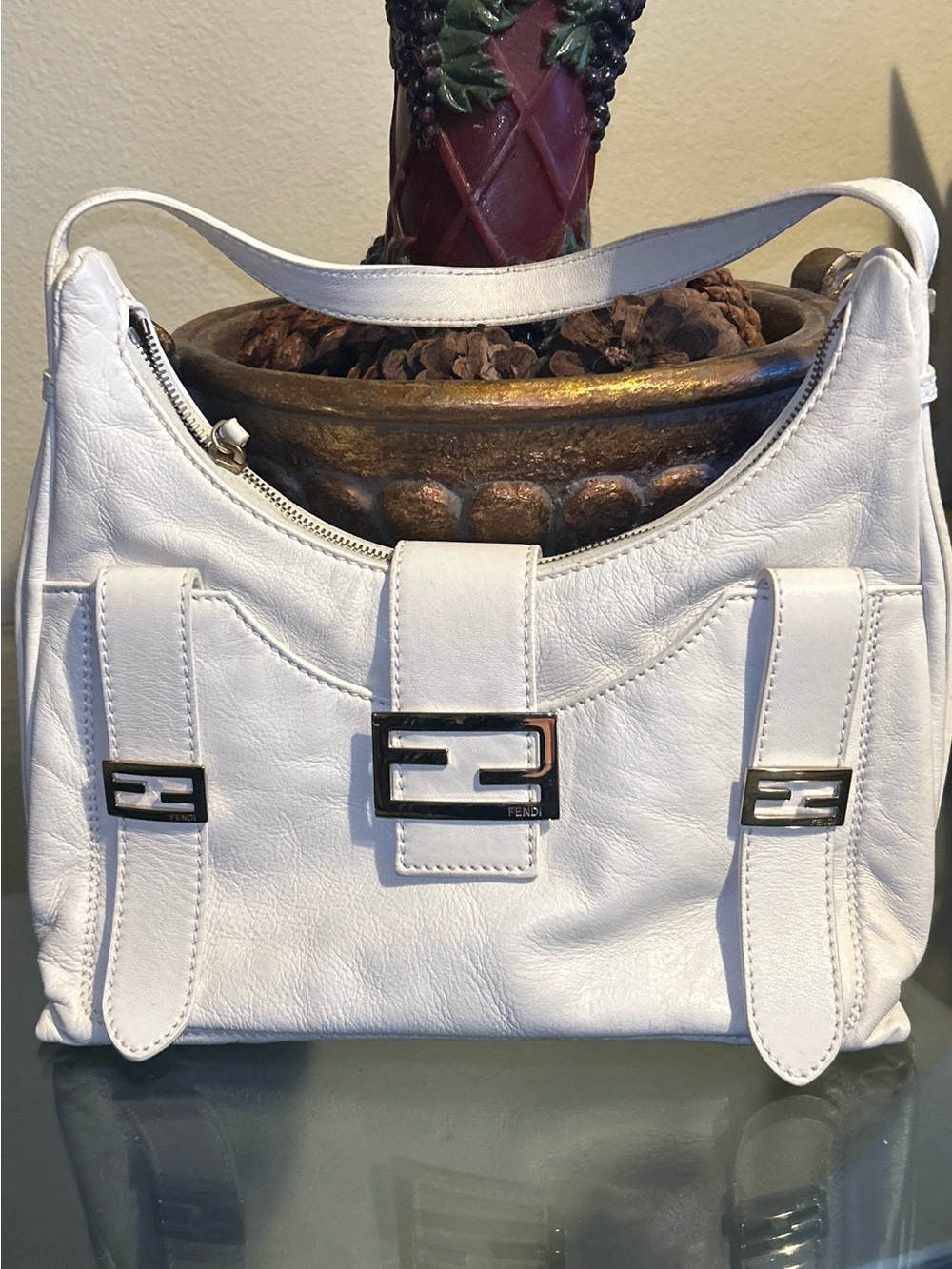 Fendi White Leather Shoulder Bag with Silver Hardware